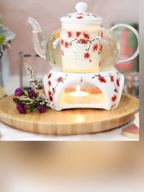 Teabloom NIB Cherry Blossom Glass Teapot Set - White with Pink Floral Accents